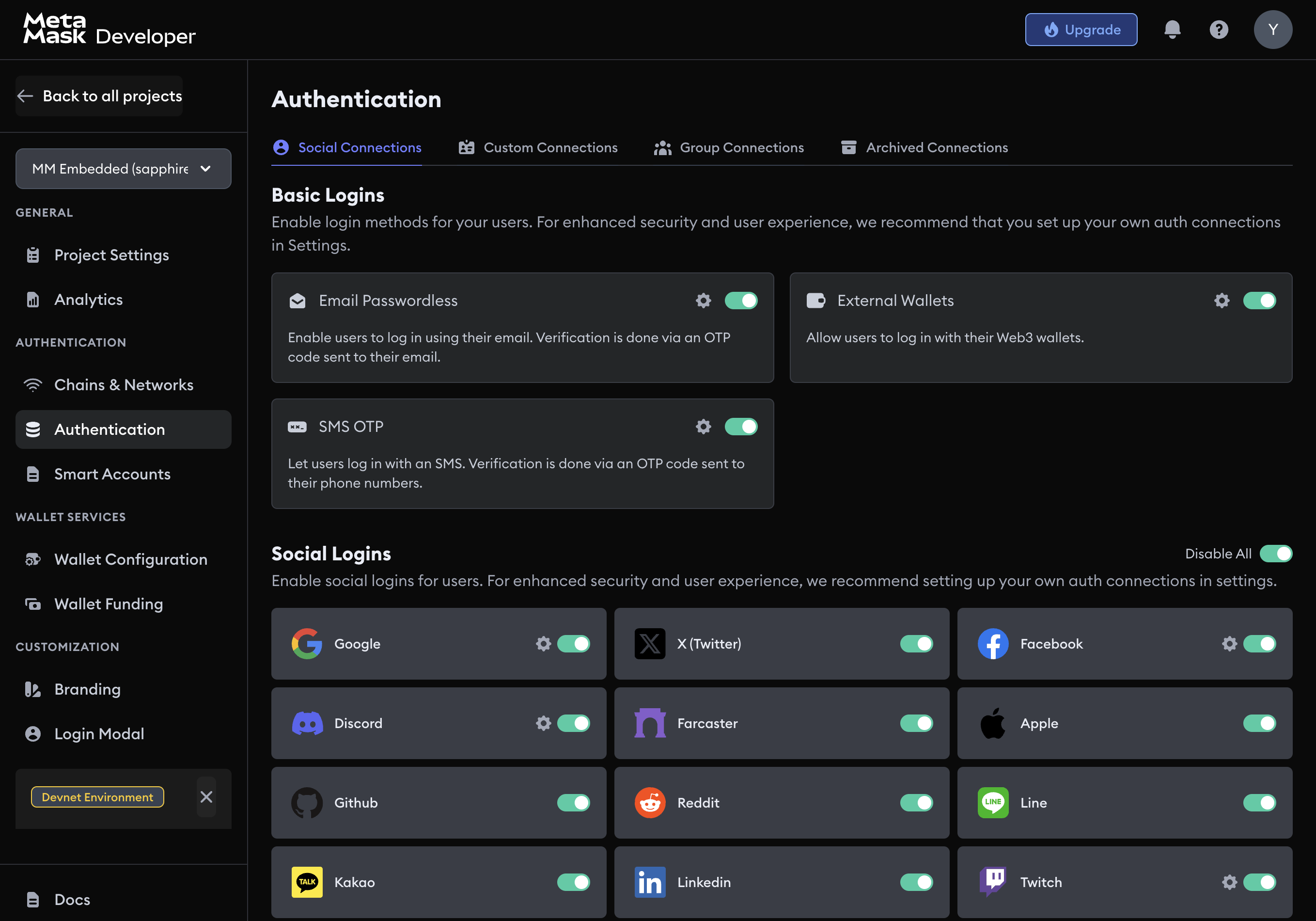 Toggle OAuth Connection on Dashboard